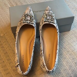 C.Paravano Black & White Tweed Pointed Flats with Crystal Embellishment